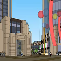 Vibrant Commercial Street With Tall Buildings Colorful Balloons Pedestrians And Store Signs