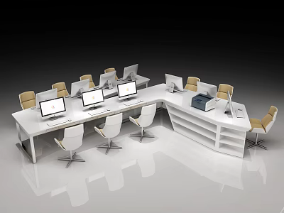 L Shaped Office Desk Setup With Multiple Computers White Chairs And Shelves 3d model