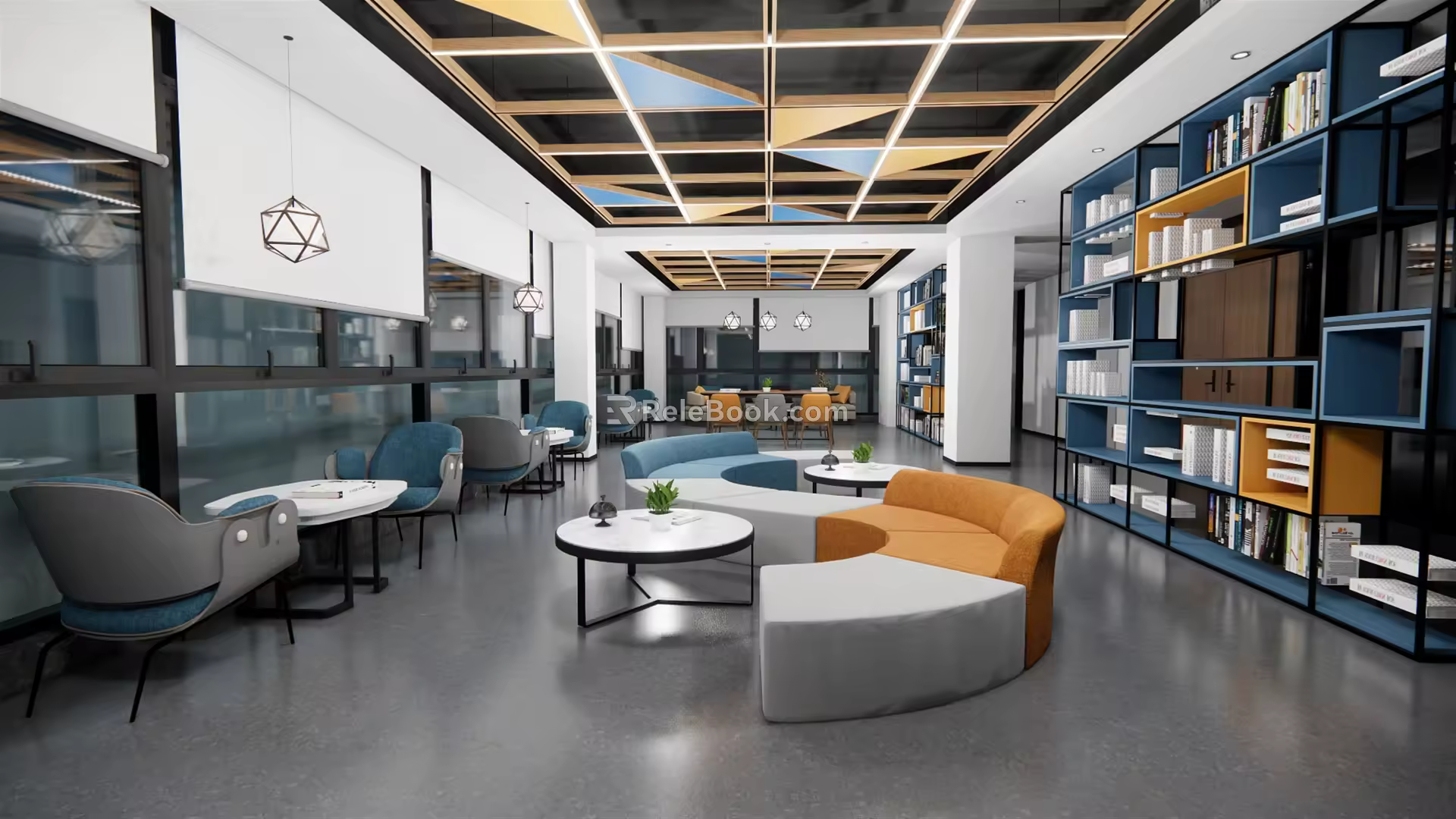 office lounge area neat bookcase bookshelf geometric chandelier bonsai shaped curved sofa public seat 3d model