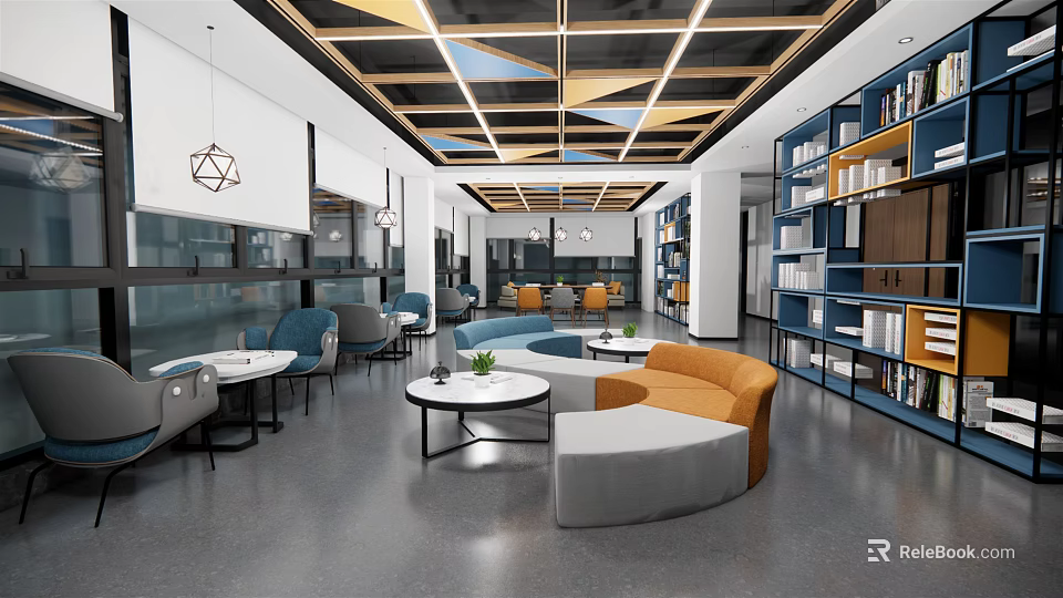 Modern Lounge Area With Cozy Sofas Round Tables Bookshelves And Modern Lighting Design 3d model 