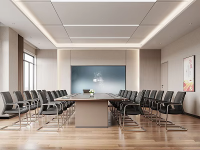Modern Conference Room Interior With Long Meeting Table Black Chairs Wooden Flooring And Ceiling Lighting 3d model