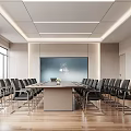 Modern Conference Room Interior With Long Meeting Table Black Chairs Wooden Flooring And Ceiling Lighting