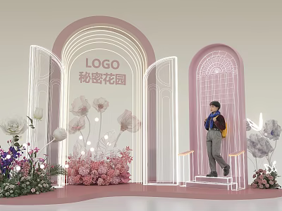 Secret Garden Themed Display With Arched Structures Person On Steps And Flower Decorations 3d model