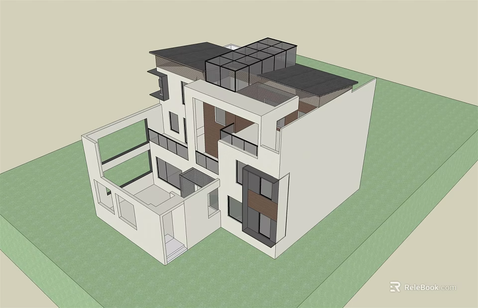 Modern Detached Villa Exterior With Balcony Large Windows And Glass Roof Design 3d model 