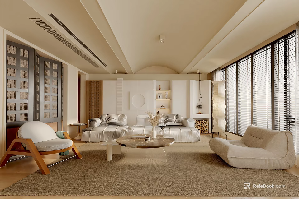 Modern Living Room Interior With Neutral Tones Sofa Coffee Table And Floor to Ceiling Windows 3d model 