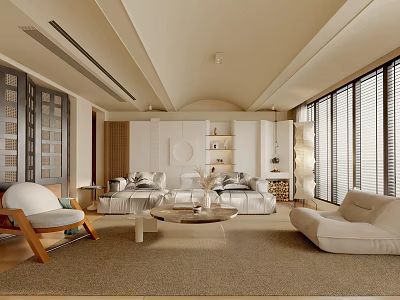 Modern Living Room Interior With Neutral Tones Sofa Coffee Table And Floor to Ceiling Windows 3d model
