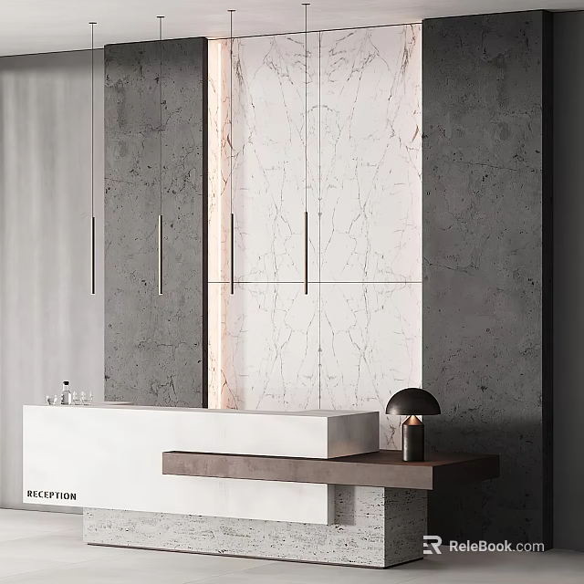 Modern White Reception Counter with Marble Wall Gray Concrete Background Hanging Lights and Table Lamp 3d model 