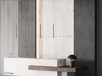 Modern White Reception Counter with Marble Wall Gray Concrete Background Hanging Lights and Table Lamp 3d model