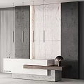 Modern White Reception Counter with Marble Wall Gray Concrete Background Hanging Lights and Table Lamp