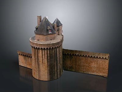 Medieval Castle Architectural Model With Round Tower Brick Walls And Pointed Roofs 3d model