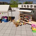 Outdoor Grocery Store Stall Display With Flowers Fruits Wooden Crates And Colorful Flags