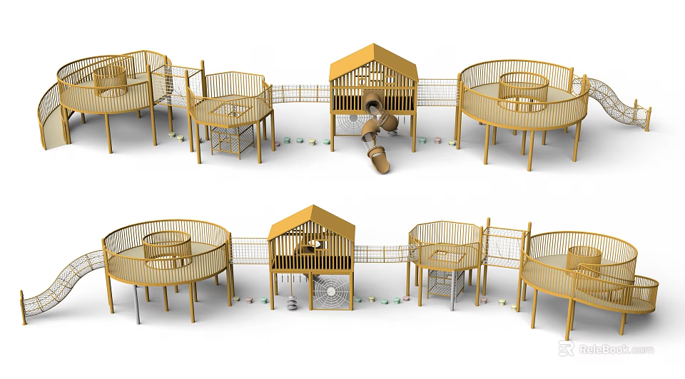 Wooden Playground Equipment With Circular Platforms Small Houses Slides And Connecting Walkways 3d model 