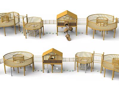 Wooden Playground Equipment With Circular Platforms Small Houses Slides And Connecting Walkways 3d model