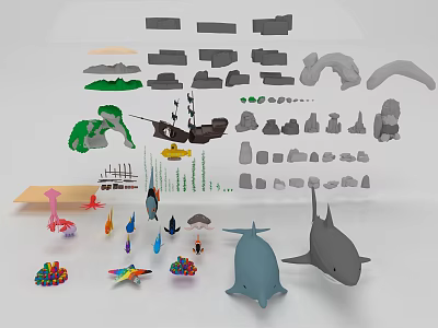 3D Terrain Models With Mountain Island Shapes And Marine Life Elements 3d model