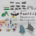3D Terrain Models With Mountain Island Shapes And Marine Life Elements