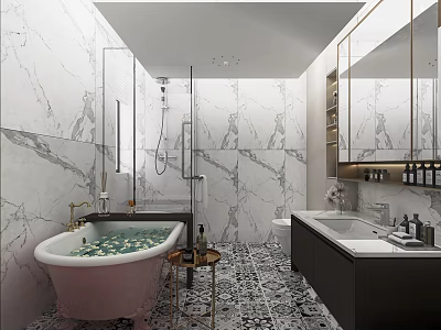 Luxurious Bathroom Interior With Pink Bathtub Marble Walls And Double Vanity Sink 3d model