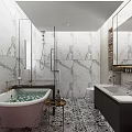 Luxurious Bathroom Interior With Pink Bathtub Marble Walls And Double Vanity Sink