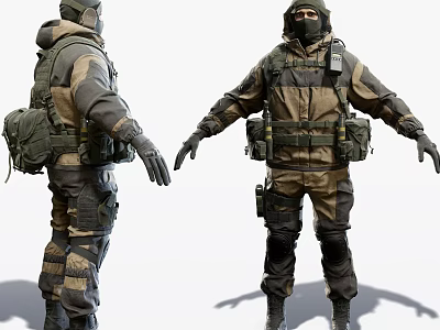Men in Camouflage Uniforms Wearing Helmets Masks with Backpacks Gear Displayed Front Back Angles 3d model
