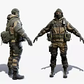 Men in Camouflage Uniforms Wearing Helmets Masks with Backpacks Gear Displayed Front Back Angles
