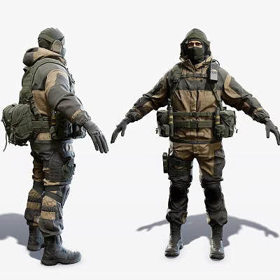 Men in Camouflage Uniforms Wearing Helmets Masks with Backpacks Gear Displayed Front Back Angles 3d model