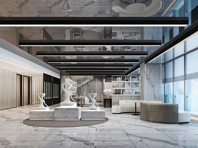 Modern Lounge Area Interior With Marble Flooring Sculptures Sofa Bookshelves And Large Windows 3d model