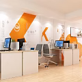 Modern Public Office Space With Open Orange White Walls Desks Chairs Computers And Basketball Hoop