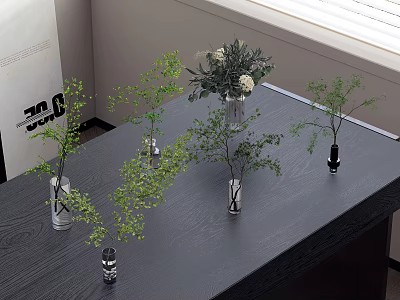 Elegant Vases With Fresh Green Leaves And White Flowers On Dark Wooden Table 3d model