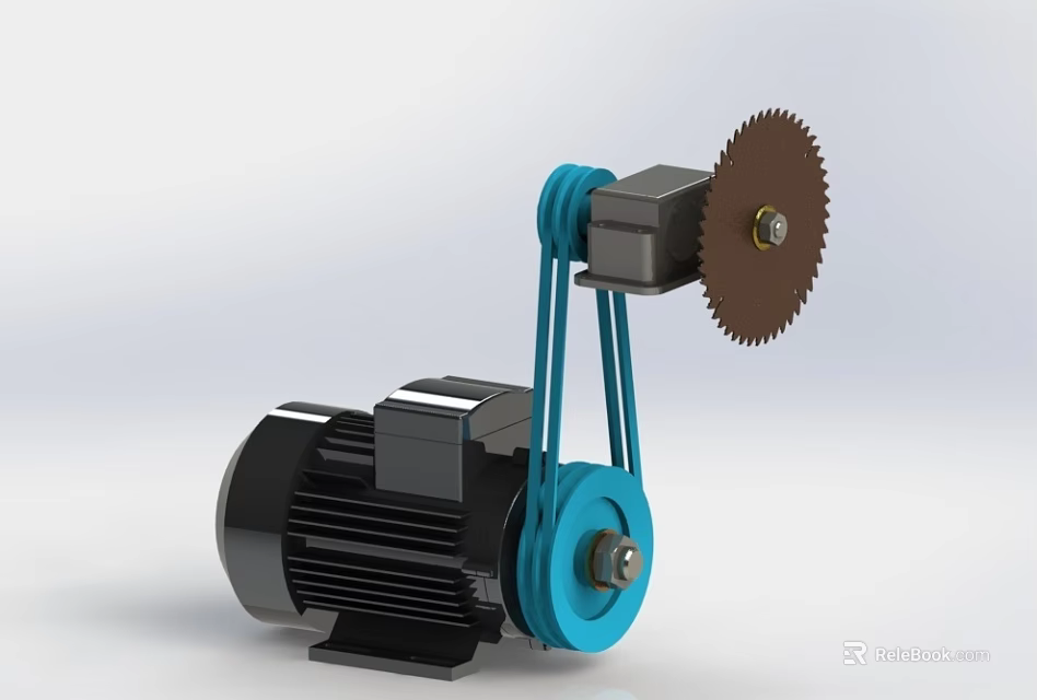 Industrial Mechanical Drive System With Electric Motor Blue Pulleys And Gear Wheel 3d model 