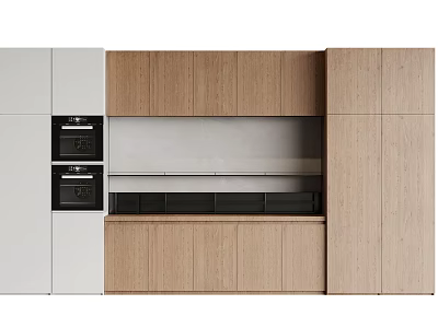 Sleek Modern Kitchen Cabinets In Wooden And White With Black Countertop Double Ovens 3d model
