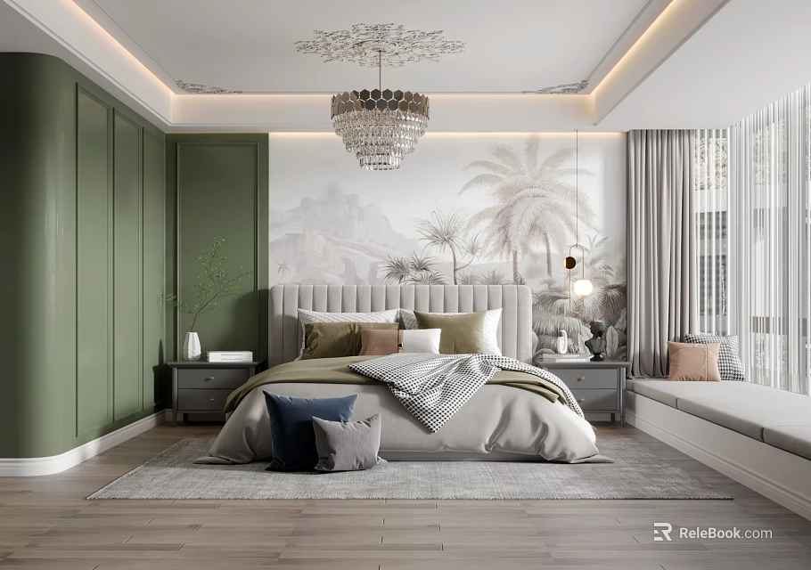 Elegant Bedroom Interior With Green Walls Ornate Chandelier And Mountain Palm Tree Wallpaper 3d model 