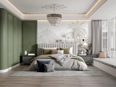 Elegant Bedroom Interior With Green Walls Ornate Chandelier And Mountain Palm Tree Wallpaper 3d model