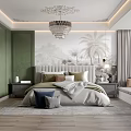 Elegant Bedroom Interior With Green Walls Ornate Chandelier And Mountain Palm Tree Wallpaper