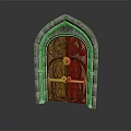 Ornate Gothic Arch Carved Wooden Door With Golden Knocker And Stone Frame