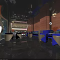 Elegant Club Lounge Interior With Blue Sofas Purple Seats Wooden Panels Chandeliers Shiny Black Floor