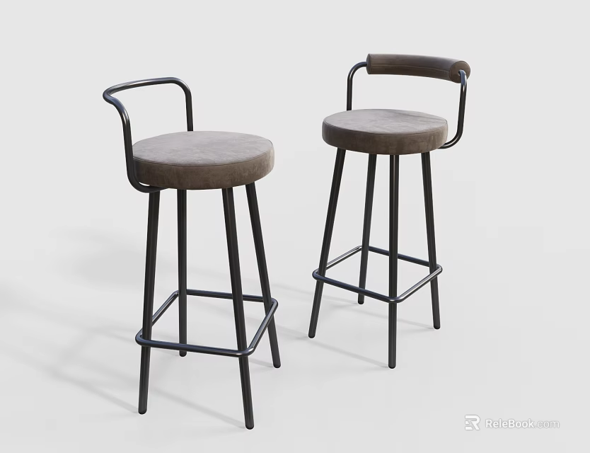 Modern Bar Stools With Black Metal Frame And Gray Upholstered Seat 3d model 