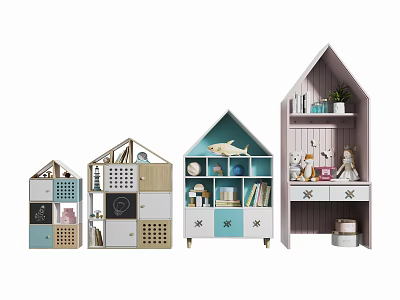 Colorful House Shaped Kids Decorative Cabinets With Storage And Decorative Elements 3d model