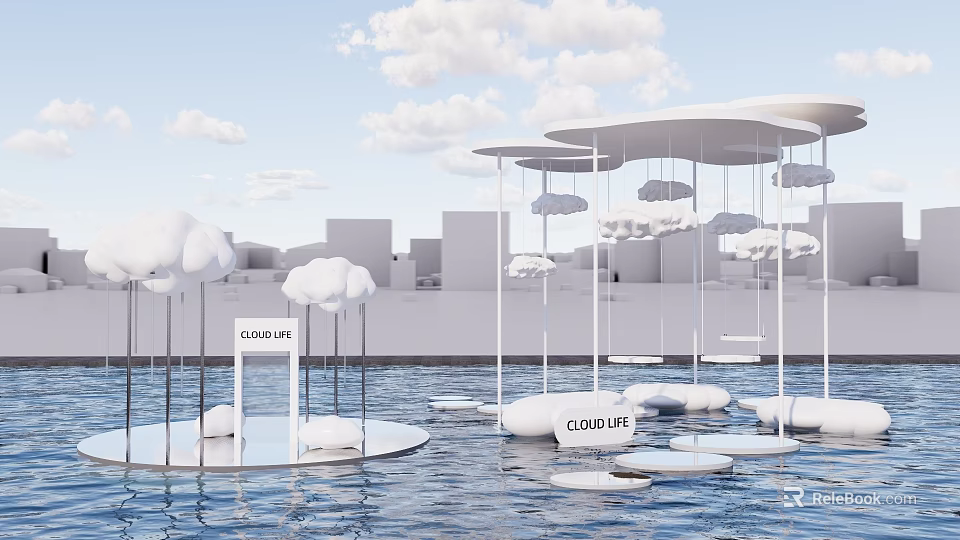 Cloud Life Themed Floating Platforms With Cloud Decorations Over Water And City Skyline 3d model 