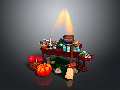 Enchanting Halloween Scenery With Pumpkin Apple Basket Broom Candles And Magic Cauldron 3d model