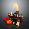 Enchanting Halloween Scenery With Pumpkin Apple Basket Broom Candles And Magic Cauldron