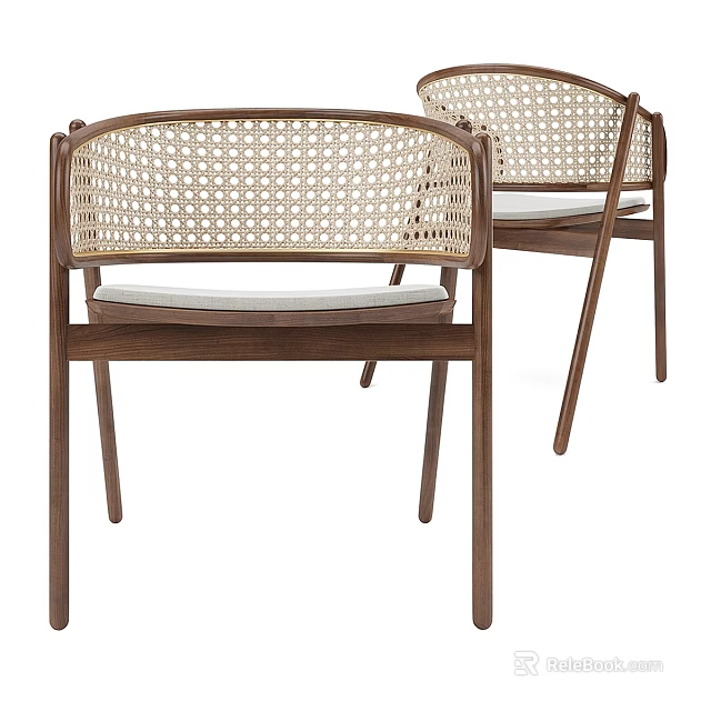 Wooden Stools with Rattan Backrest and Padded Seat in Modern Minimalist Design 3d model 