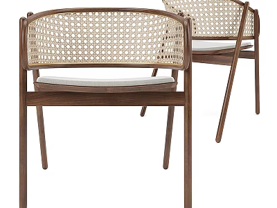 Wooden Stools with Rattan Backrest and Padded Seat in Modern Minimalist Design 3d model