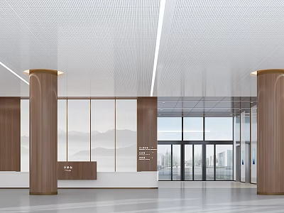 Modern Hotel Lobby With Wooden Columns Reception Desk And Large Windows 3d model
