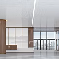 Modern Hotel Lobby With Wooden Columns Reception Desk And Large Windows