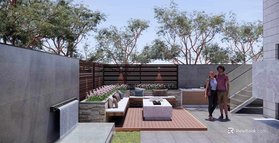 Modern Garden Landscape With Wooden Deck Stone Benches Square Table And Waterfall Feature 3d model 