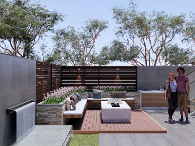 Modern Garden Landscape With Wooden Deck Stone Benches Square Table And Waterfall Feature 3d model