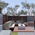 Modern Garden Landscape With Wooden Deck Stone Benches Square Table And Waterfall Feature