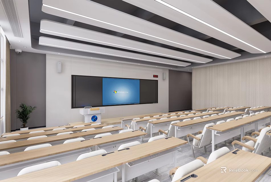 Modern School Classroom Interior With Desks Chairs Projection Screen And Lighting 3d model 