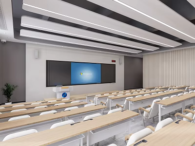 Modern School Classroom Interior With Desks Chairs Projection Screen And Lighting 3d model