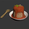 Delicious Pudding Dessert in White Bowl with Red Drizzling Sauce Green Parsley and Wooden Spoon