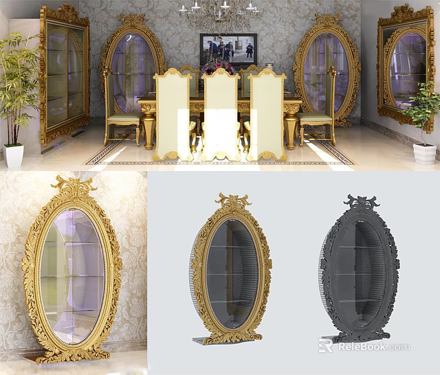 Ornate Oval Mirror With Gold Carved Frame In Elegant Dining Room Interior 3d model 
